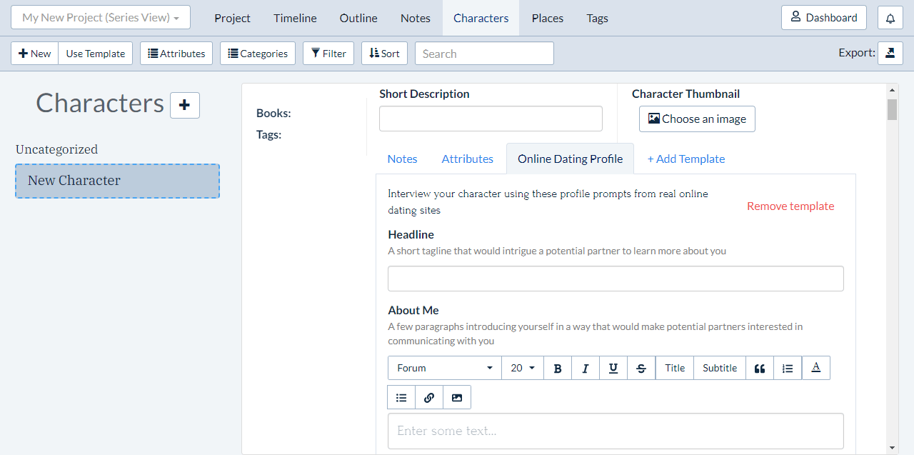 Parts of an Online Dating Profile for Characters in Plottr