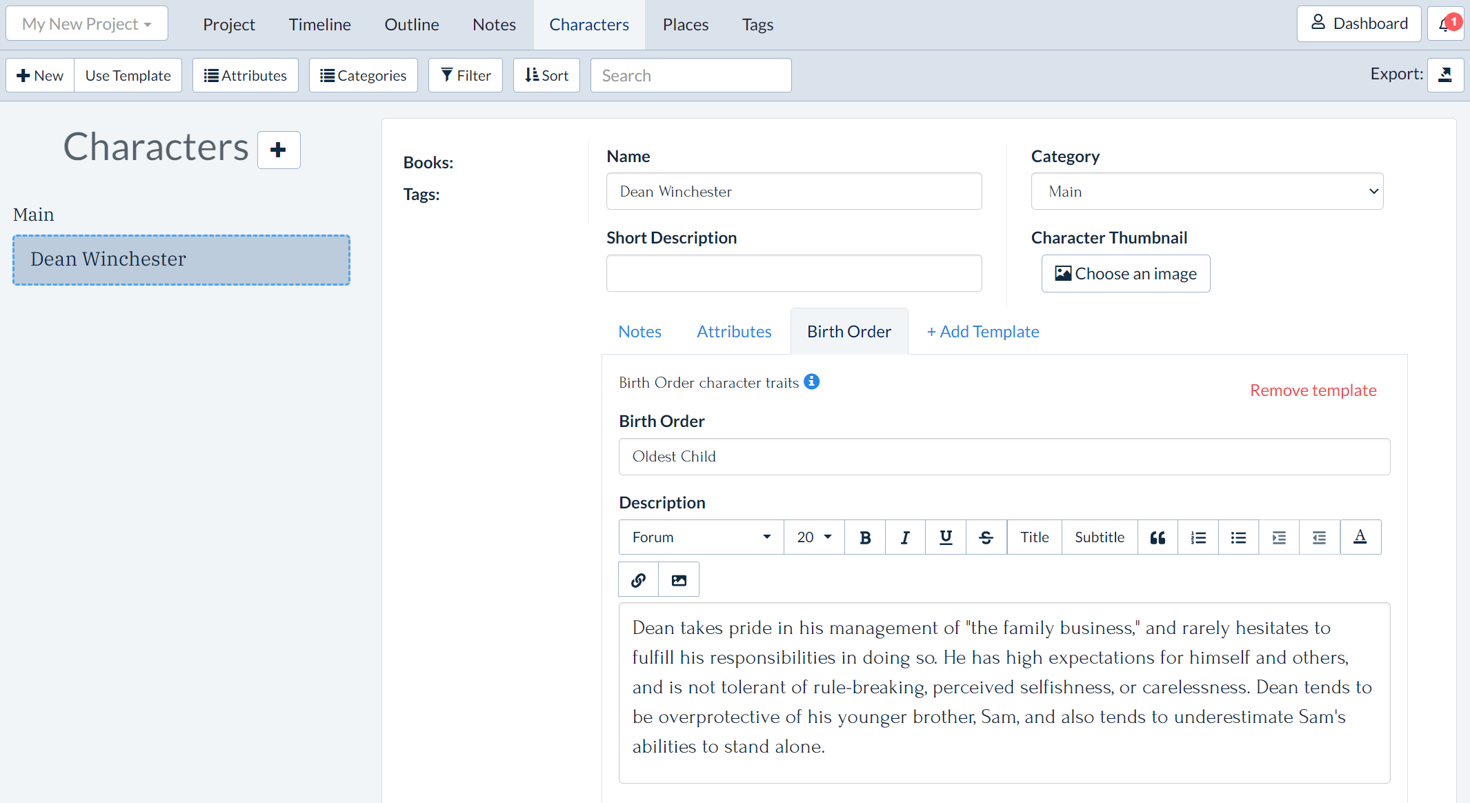 Birth Order Character Template in Plottr Example